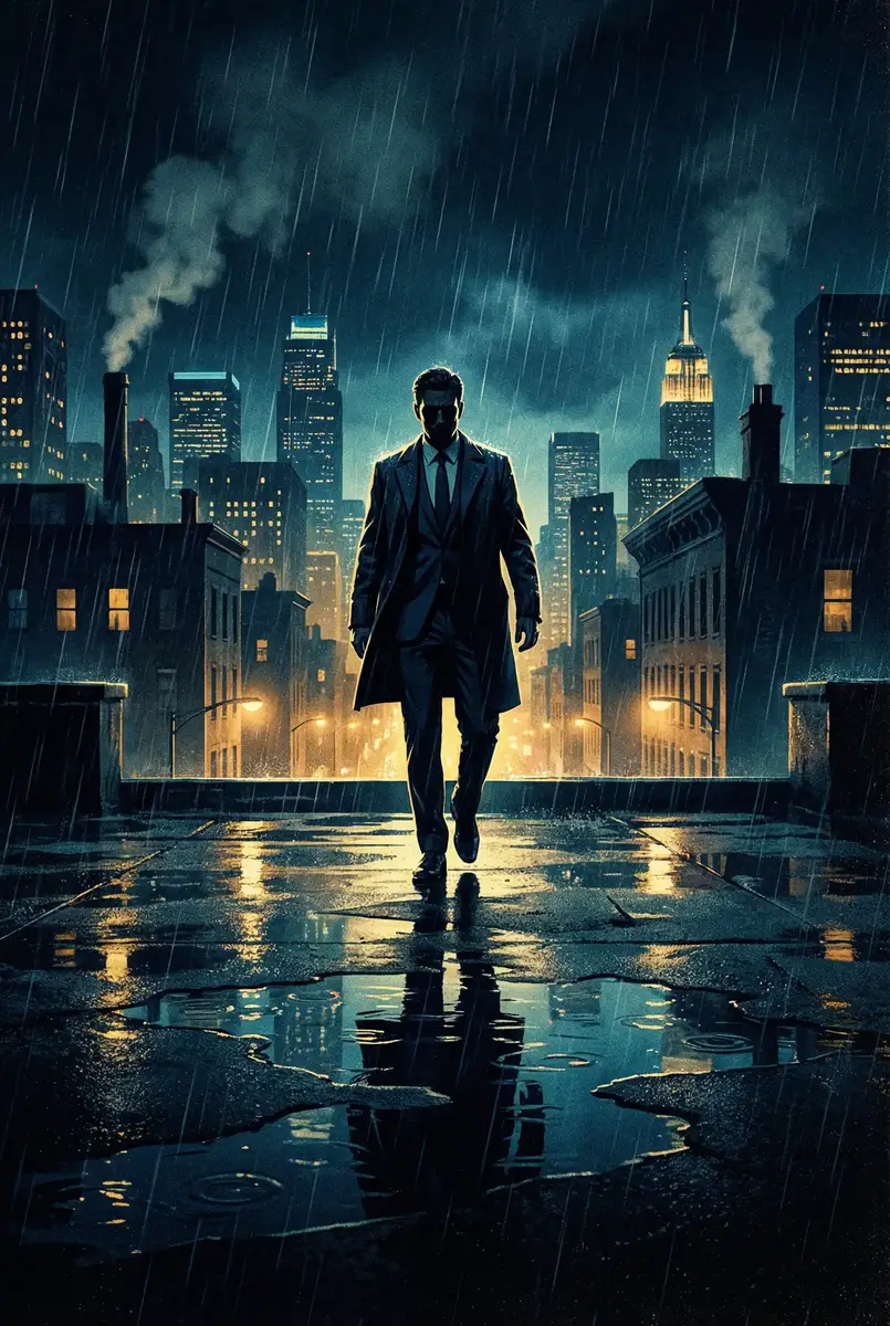 xiao766 出品影片《雨夜独行者》海报，雨中城市屋顶男性剪影